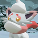 A ghostly white fox with red highlights stands in a snowy field.